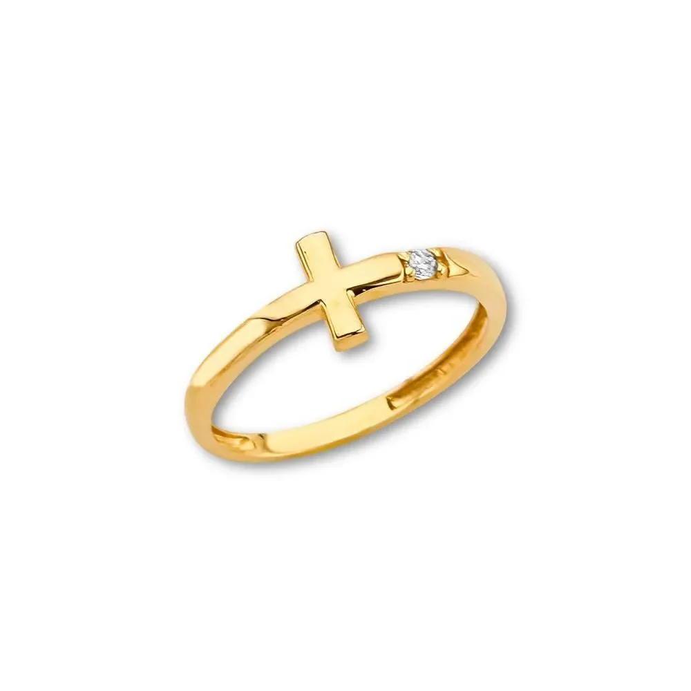 14K Gold CZ Cross Ring | Dainty Yellow Gold Band By Tehrani Jewelry